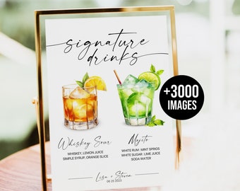 His and her drink sign, wedding his hers cocktail drink sign, signature drink menu signs, single signature sign, +3000 Watercolor Images