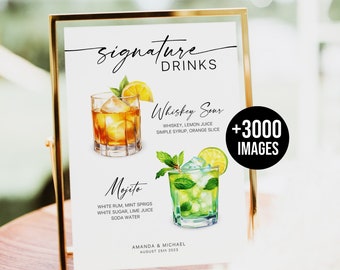 Signature Drink Sign, Bar Menu Template, His and her drink sign, Wedding Bar Menu, Bride Groom, Drink recipes, 3000+ Drink Images