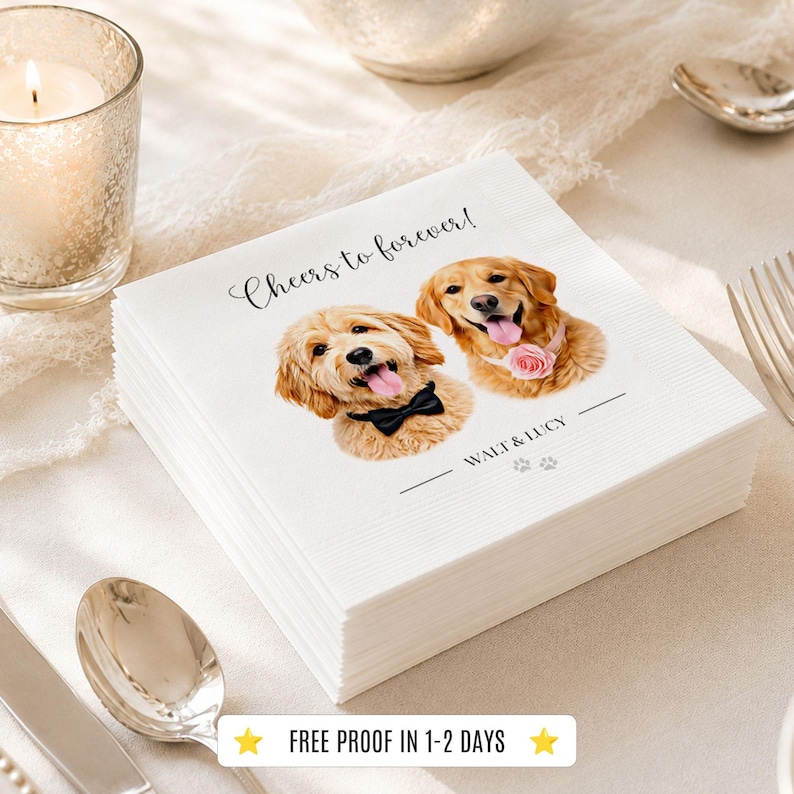 Pet Wedding Napkins Custom Dog Cocktail Napkins Personalized Pet Portrait Napkins 1-4 Pets Wedding Bar Decor Custom Pet Portrait Napkins afbeelding 2