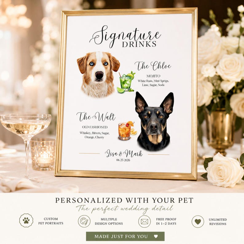 Custom Pet Signature Drink Sign Dog Portrait Bar Menu Wedding Bar Menu Sign with Dog Cocktail Drink Sign Wedding Drink Sign with 1-4 Pets image 3
