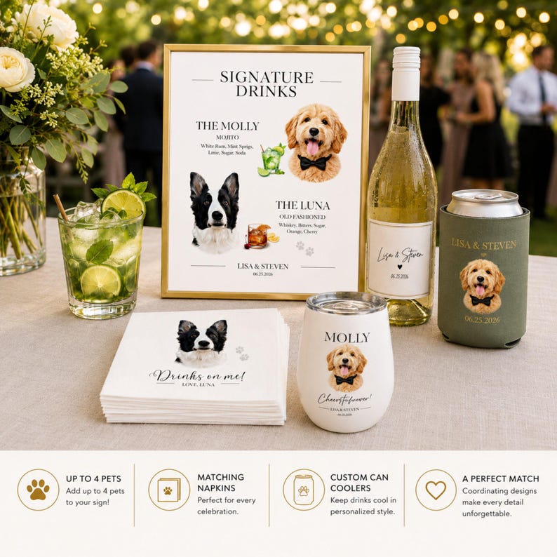 Custom Pet Signature Drink Sign Dog Portrait Bar Menu Wedding Bar Menu Sign with Dog Cocktail Drink Sign Wedding Drink Sign with 1-4 Pets image 5