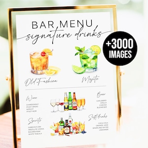Modèle de menu de bar Signature boissons signe Menu de bar imprimable minimaliste Modèle de menu de boissons modifiable moderne + 3000 images de boissons WT85