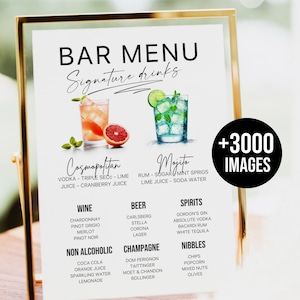 Bar Menu Template, Signature Drinks Sign, Modern Editable Drink Menu Template, Minimalist Printable Bar Menu + 3000 Drink images included