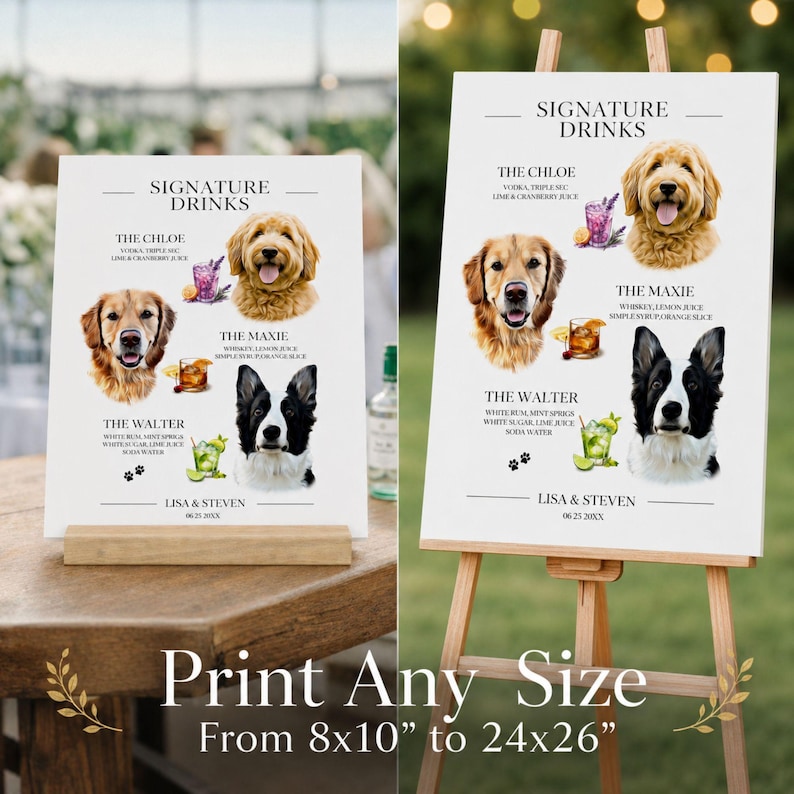 Custom Pet Signature Drink Sign Dog Portrait Bar Menu Wedding Bar Menu Sign with Dog Cocktail Drink Sign Wedding Drink Sign with 1-4 Pets image 20