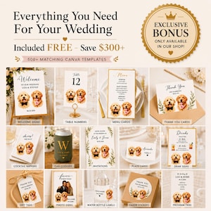 May include: A collection of wedding stationery and accessories featuring golden retriever illustrations. Items include welcome signs, table numbers, menu cards, thank you cards, cocktail napkins, can coolers, invitations, place cards, drink signs, gift tags, photo signs, water bottle labels, favour stickers, and programme cards.