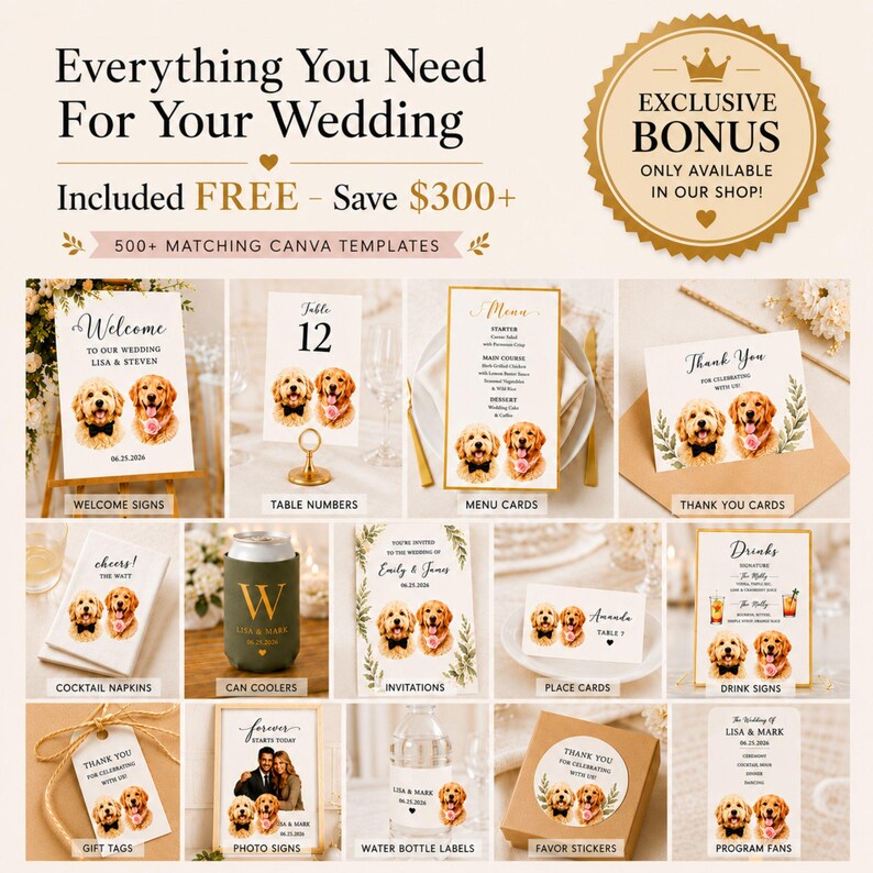 May include: A collection of wedding stationery and accessories featuring golden retriever illustrations. Items include welcome signs, table numbers, menu cards, thank you cards, cocktail napkins, can coolers, invitations, place cards, drink signs, gift tags, photo signs, water bottle labels, favour stickers, and programme cards.