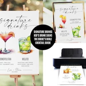 Create a single Signature Drink Signs and signature cocktail signs with this template. Or create Bar Menus for your wedding. This signature drink template includes over + 3000 watercolor cocktail and Drink Images