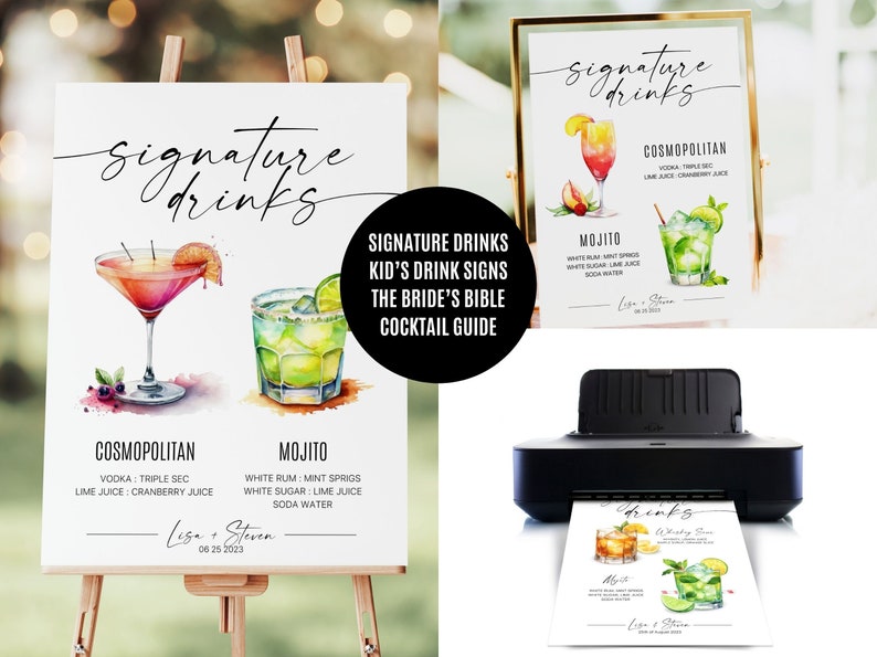 Create a single Signature Drink Signs and signature cocktail signs with this template. Or create Bar Menus for your wedding. This signature drink template includes over + 3000 watercolor cocktail and Drink Images