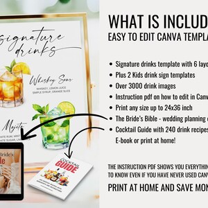 Create a single Signature Drink Signs and signature cocktail signs with this template. Or create Bar Menus for your wedding. This signature drink template includes over + 3000 watercolor cocktail and Drink Images