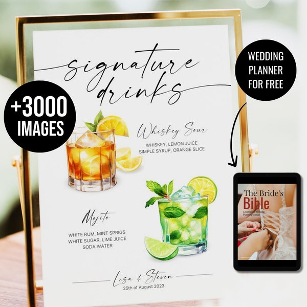 His and her drink sign template wedding his hers cocktail drink sign signature drink menu signs bar menu sign bride groom +3000 Images WT85