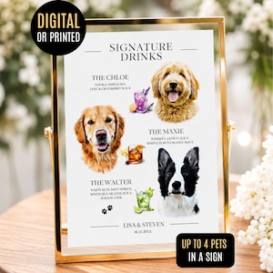 Plaque personnalisée pour boisson avec logo pour animal de compagnie Portrait de chien Plaque de menu pour bar de mariage avec chien Plaque pour cocktail de mariage avec 1-4 animaux de compagnie