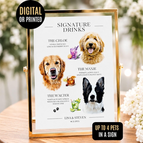 Custom Pet Signature Drink Sign Dog Portrait Bar Menu Wedding Bar Menu Sign with Dog Cocktail Drink Sign Wedding Drink Sign with 1-4 Pets