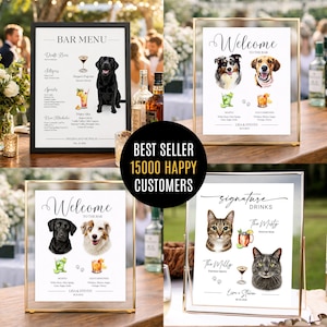 May include: Four framed wedding bar menu signs featuring custom pet portraits and cocktail illustrations. Each sign displays pet names, drink ingredients, and event details. The collection includes black and gold frames with white printed cardstock.
