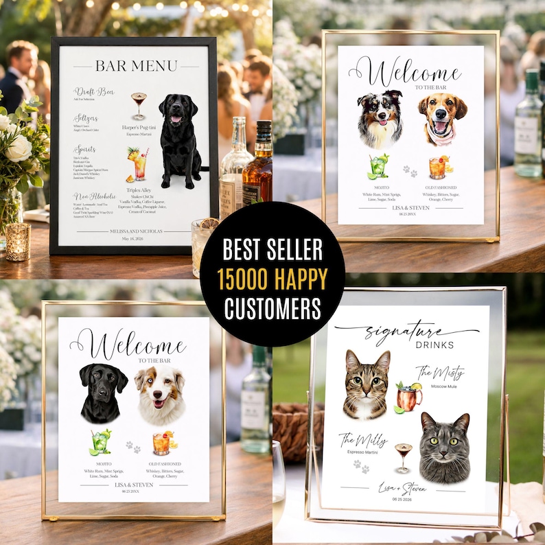 May include: Four framed wedding bar menu signs featuring custom pet portraits and cocktail illustrations. Each sign displays pet names, drink ingredients, and event details. The collection includes black and gold frames with white printed cardstock.