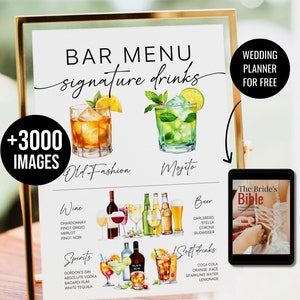 Modèle de menu de bar Signature boissons signe Menu de bar imprimable minimaliste Modèle de menu de boissons modifiable moderne + 3000 images de boissons WT85