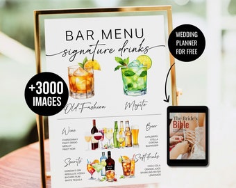 Modello di menu da bar Segno di bevande firmate Menu da bar stampabile minimalista Modello di menu di bevande moderno modificabile + 3000 immagini di bevande WT85