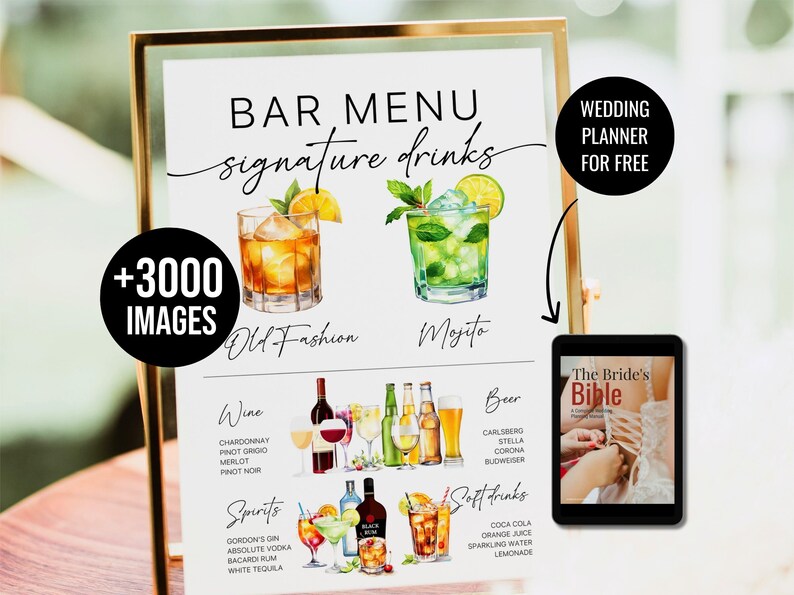 Bar Menu Template, Modern Editable Drink Menu Template, Minimalist Printable Bar Menu, Signature Drinks Sign, + 3000 Drink Images Included