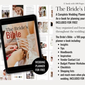 The Brides bible - a wedding planning e-book including insights, tips, moodboards, inspiration, shopping lists, checklists, vendor contact lists, budget planner worksheets and a lot more when planning your wedding. Included for free!