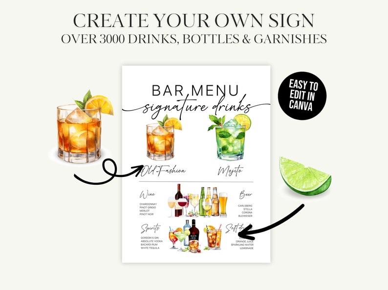 Bar Menu Template, Modern Editable Drink Menu Template, Minimalist Printable Bar Menu, Signature Drinks Sign, + 3000 Drink Images Included