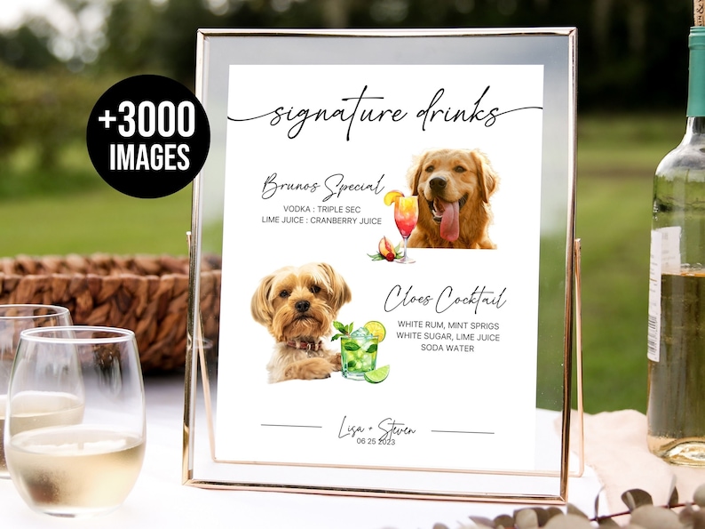 Signature Drinks Sign and Bar Menu Template with your pet. Dog signature drink and bar menu template, + 3000 Drink Images Included