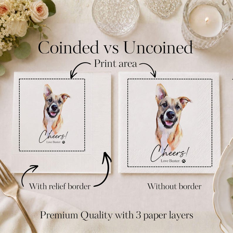 Op de afbeelding: Twee witte papieren servetten met een aquarelillustratie van een bruin-witte hond. Het linker servet heeft een reli&euml;frand, terwijl het rechter servet glad is. Beide servetten tonen de tekst Cheers! Love Buster met een pootafdruk.