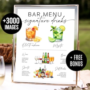 Bar Menu Template, Modern Editable Drink Menu Template, Minimalist Printable Bar Menu, Signature Drinks Sign, + 3000 Drink Images Included
