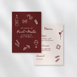 Hand Drawn Pinot and Pasta Party Invitation and Menu Template | scribble | handwritten hand drawn | Customizable | Birthday | Dinner Wine