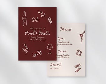 Hand Drawn Pinot and Pasta Party Invitation and Menu Template | scribble | handwritten hand drawn | Customizable | Birthday | Dinner Wine
