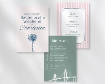 Hand Drawn Charleston Bachelorette Party Invite Template | CHS South Carolina illustrations | customizable suite | palm tree | stripes