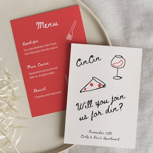 Hand Drawn Italian Dinner Party Invitation Template | scribble illustrations | trendy handwritten menu | Cin Cin | pizza wine | customizable