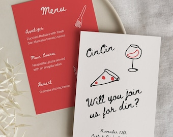 Hand Drawn Italian Dinner Party Invitation Template | scribble illustrations | trendy handwritten menu | Cin Cin | pizza wine | customizable