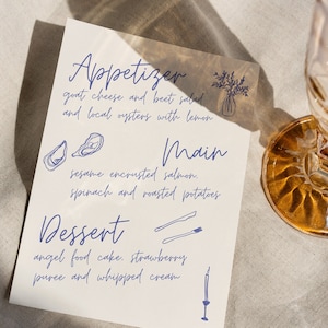 Sjabloon handgetekende dineruitnodiging | krabbelillustraties | trendy handgeschreven menukaart | oesters | bloemen | champagnetoost
