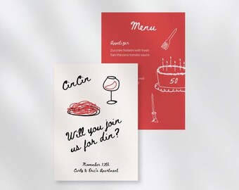 Hand Drawn Italian Dinner Party Invitation Template | scribble | trendy handwritten menu | Cin Cin | pasta wine | customizable | birthday