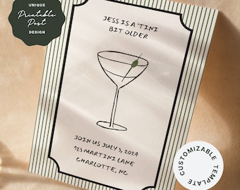 Martini Birthday Invitation | Hand Drawn Party Invite Template | Trendy Design | Customizable | Chic | 'Tini Bit Older