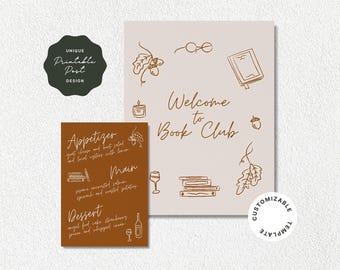Fall Book Club Welcome Sign and Menu | Hand Drawn Illustrations