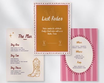 Hand Drawn Last Rodeo Bachelorette Party Template | Customizable | Invitation Suite | Illustration | Boots Pattern | Western | Pink and Rust