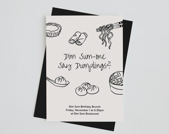 Dim Sum Birthday Party Invitation Template | Hand Drawn Illustrations | Dim Sum | Dumplings | Noodles | Neutral Color Scheme