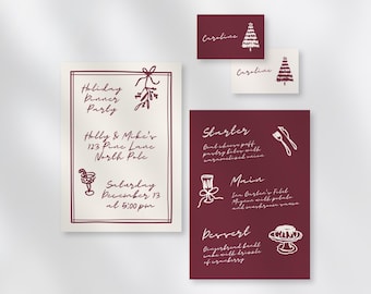 Hand Drawn Christmas Dinner Party Invitation, Menu, and Name Card Template | Holiday Scribble Illustrations