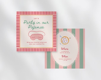 Hand Drawn Pajama Party Invitation Template | bespoke design | trendy colorful digital invite | girly | cereal and pajamas | customizable