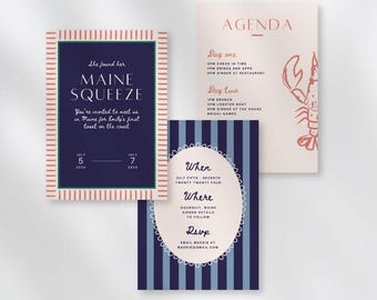 Hand Drawn Nautical Bachelorette Party Invite Template | Maine New England illustrations | customizable invitation suite | lobster | stripes