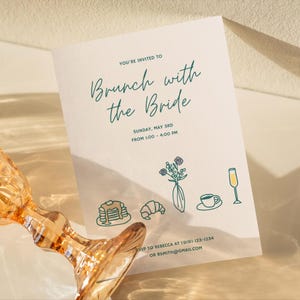 Brunch con la sposa Invito disegnato a mano e modello di biglietti da visita abbinati / Bridal Shower / Croissant / Mimosa / Caffè / Pancake