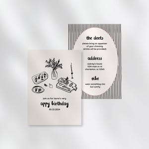 Puede incluir: Una ilustración en blanco y negro de una invitación a una fiesta de cumpleaños con una imagen dibujada a mano de una tabla de charcutería y el texto "Join us for Laura's very appy birthday 05.23.2024". La invitación también incluye detalles sobre la fiesta, como la dirección, el código de vestimenta y qué traer.