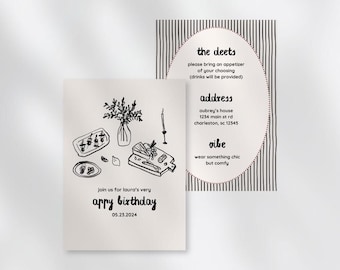 Appy Birthday Invitation | Hand Drawn Party Invite Template | Trendy Scribble Design | Customizable | Chic Neutrals | Appetizer Party