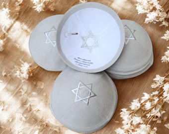 Personalisierte Leinen Kippot: Hochzeit Bar Mitzwa Gefälligkeiten, gedruckt Magen David, hergestellt in Israel