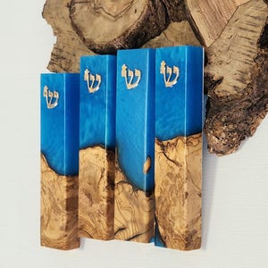 Blue Olive Wood Mezuzah Case: Handmade Epoxy Judaica Gift