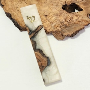 Handmade Olive Wood Mezuzah Case: White Epoxy Jewish Home Blessing