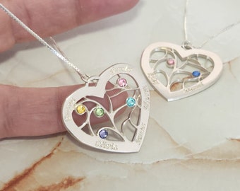 Personalized Heart Necklace -Tree of Life Heart Necklace -Birthstone Heart Necklace-  Custom Grandma Jewelry- Mothers Day Gifts