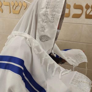 Elegant White & Blue Jewish Wedding Tallit: Silver Embroidery