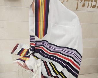 Weiß 100% Wolle Tallit Gebetsschal Bunt Gestreift Bestickt Bar Mitzwah Hochzeit