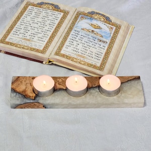 Handmade Olive Wood Shabbat Candle Holder with Epoxy Resin